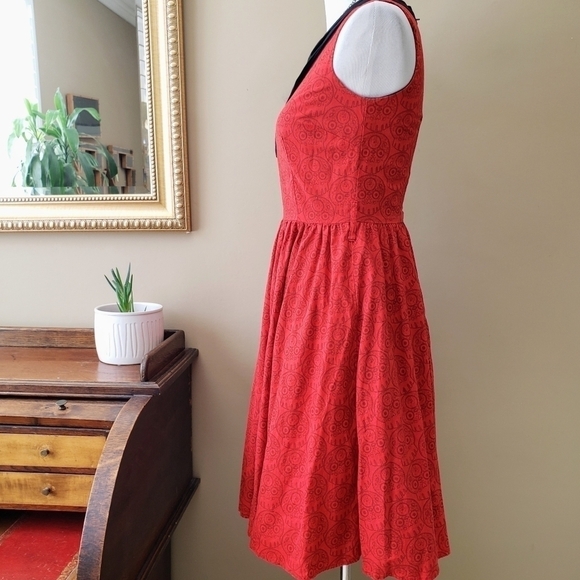 Modcloth Folter Sugar Skull Red Pin Up Sleeveless Fit Flare Dress Day of Dead S - Picture 4 of 8